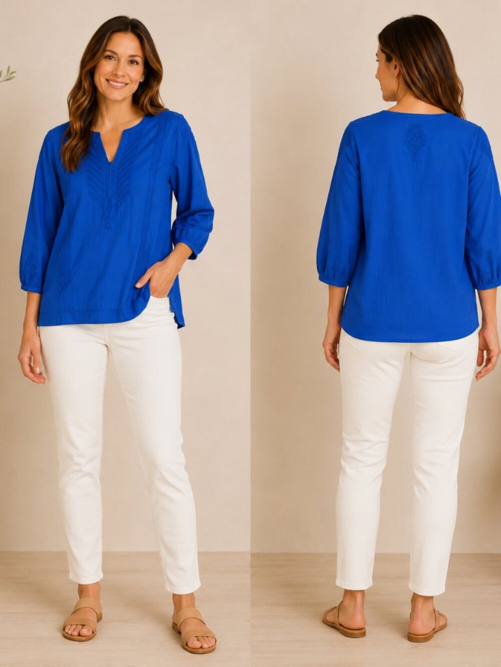 Chico’s Blue Blouse Sz 2 3/4 Sleeve Embroidered V Neck Top 100% Cotton Nautical